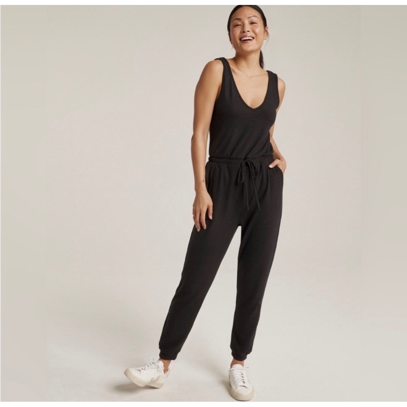 New! Beyond Yoga Black Day Off Sleeveless V Neck Jumpsuit Black Sz Small $132